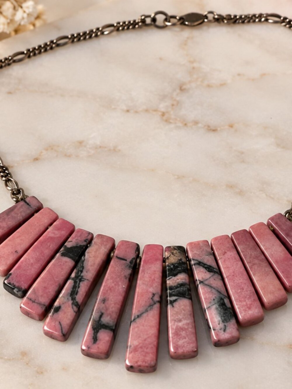 Vintage 925 Sterling Silver Pink Rhodonite Gemstone Stick Fan Statement Necklace